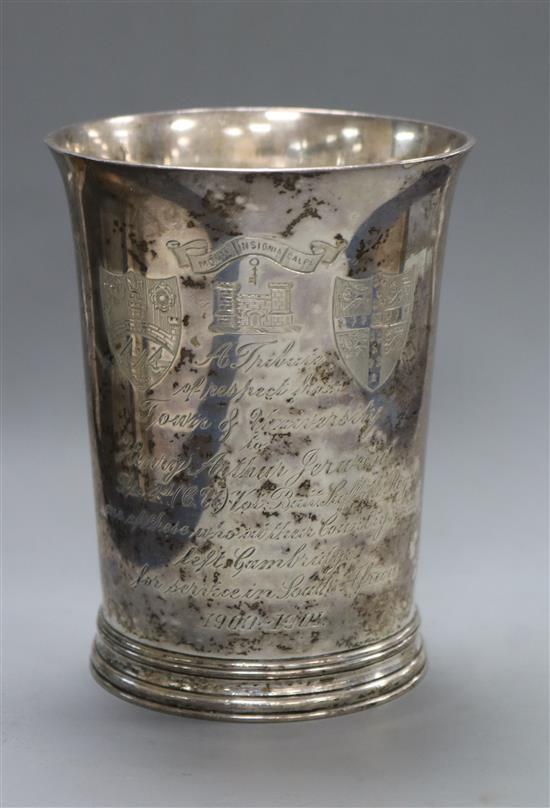 A late Victorian silver goblet with presentation inscription, Munsey & Co, London, 1900, 11.5 oz.